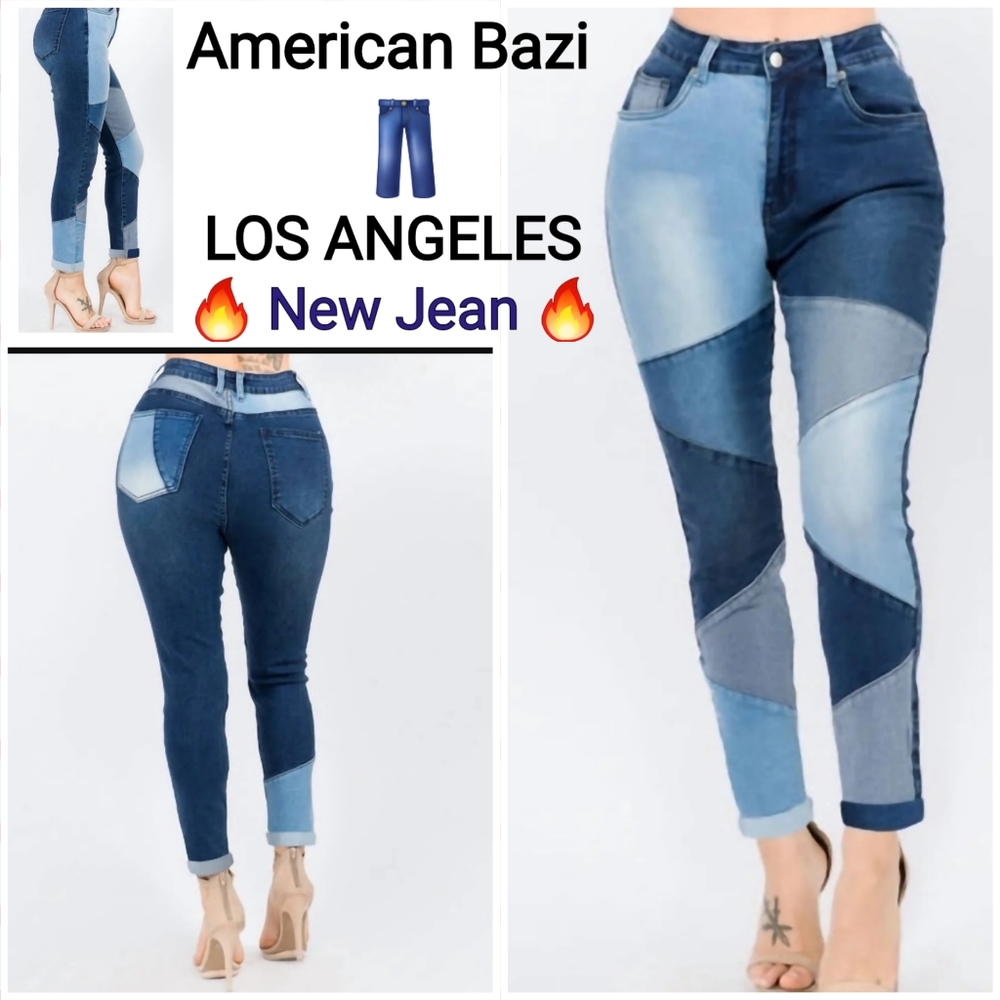 American Bazi Los Angeles Block Trim High  Waist Skinny Multi Blue Jeans Size M